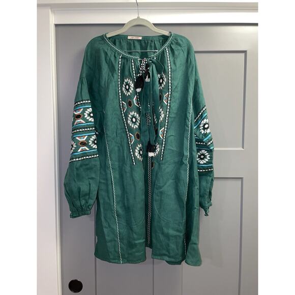 AURIE L'ATELIER Green Boho Chic Embroidery Detailed 100% Linen Dress Medium - Picture 1 of 6